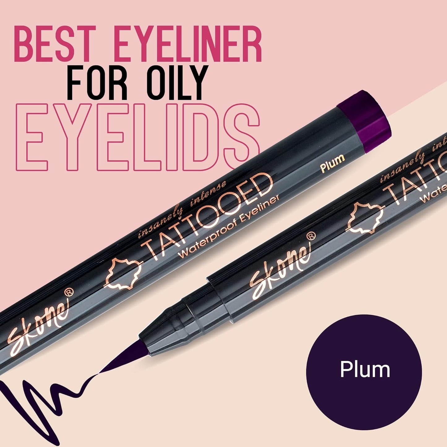 Skone Waterproof Liquid Eyeliner - Long Lasting & Smudge Proof - Insanely Intense Tattooed Eyeliner Pen with Felt Tip Applicator - Plum Black (0.07oz)