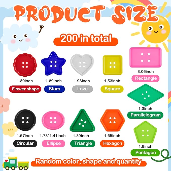 Taiyin 200 Pcs Big Bright Buttons Craft 1.2 Inch Kids Vivid Colors Large Buttons Plastic Assorted Cute Shape Colorful Toys for Arts, Crafts DIY Projects