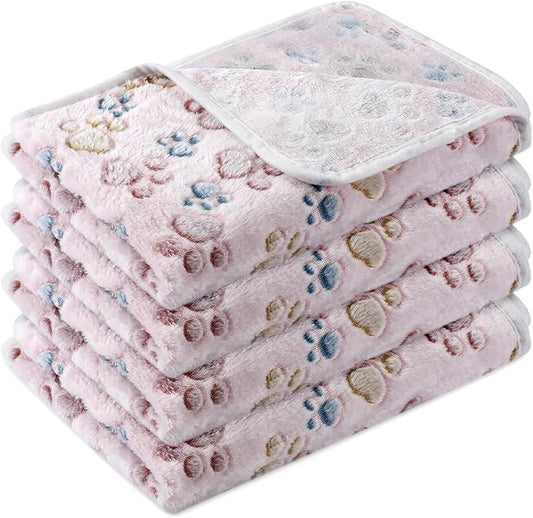 Tatuo 4 Pcs Dog Blanket for Pet Cat Blankets Indoor Puppy Teething Stuff Toys Paw Print Fleece Soft Blanket Sleep Mat for Guinea Pig Cage(Beige,X-Large(41 x 30 Inch),Square)