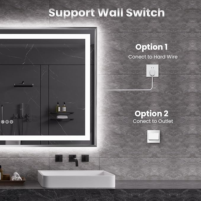 Amorho 44" X36" LED Bathroom Mirror, Brushed Nickel Framed Mirror with Front Light and Backlit, Stepless Dimmable, Anti-Fog, Shatter-Proof, Memory, 3 Colors