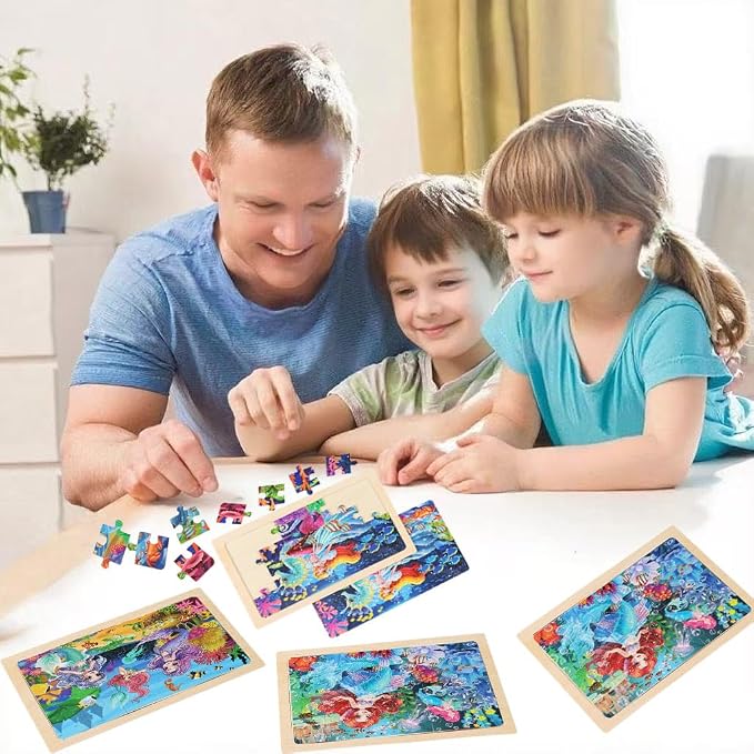 Wooden Puzzles for Kids Ages 4-6, 4 Packs 24 PCs Unicorn Mermaid Princess Fairy Jigsaw Puzzles, Preschool Educational Brain Teaser Toys for Girls 3 4 5 6 Years Old