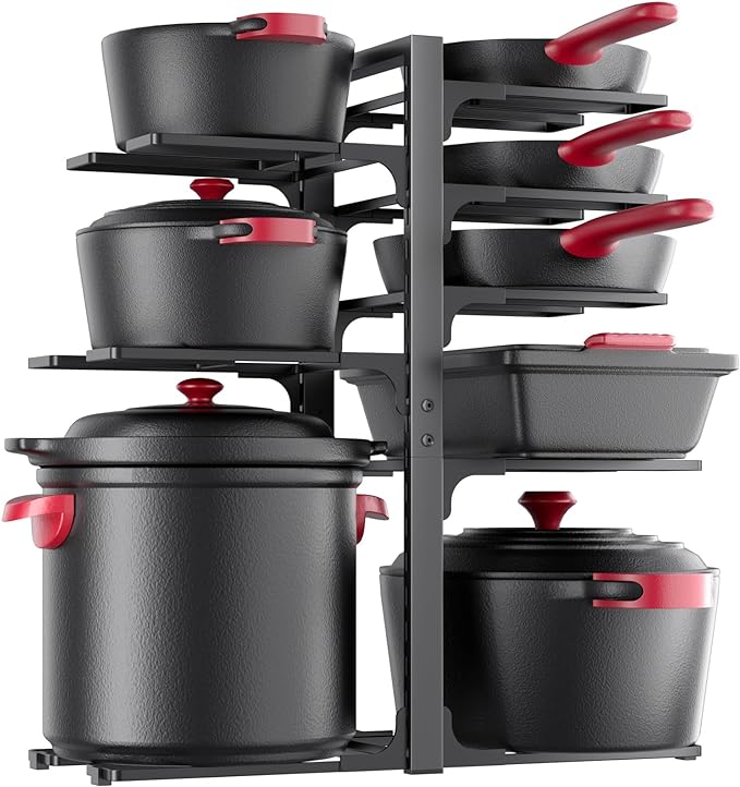 MUDEELA Pots and Pans Organizer under Cabinet 20.8" Height, Heavy Duty Adjustable Pot Pan Organizers inside Cabinet, 8-Tier Kitchen Cabinet Organizers and Storage for Big Stockpots, Heavy Cookware