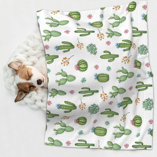 Double Sided Plush Pet Blanket with Cozy Dot Texture and Smooth Reverse, Watercolor Elements Succulent Plants Cactus, Reversible Throw for Dogs Cats on Couches Beds Crates