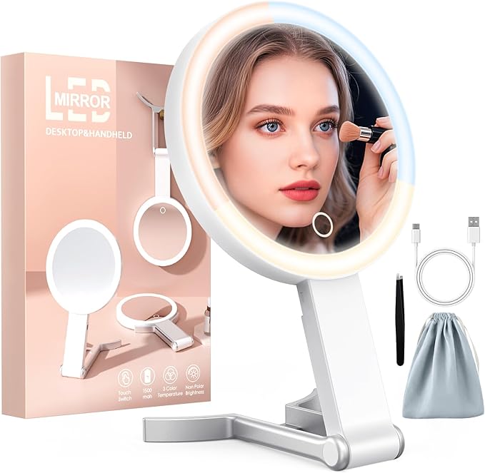 Travel Makeup Mirror with Lights, 15X/1X Double Sided Travel Magnifying Mirror, Portable Beauty LED Mirror, Valentine's Gifts For Her 3 in 1 Tabletop/Handheld/Hanging, 3 Color Lighting, Dimmable Touch