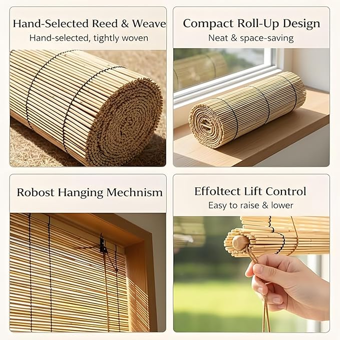 Blackout Bamboo Roller Shades for Outdoor Patio Reed Roll Up Blinds 24" 36" 48"