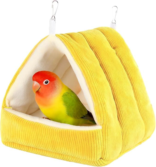 Bird Bed for Cage Winter Warm Bird Bed with Soft Plush Hanging Hammock & Hut Tent, Hideaway Sleeping Nest for Budgies, Parakeets, Cockatiels (Yellow, M)