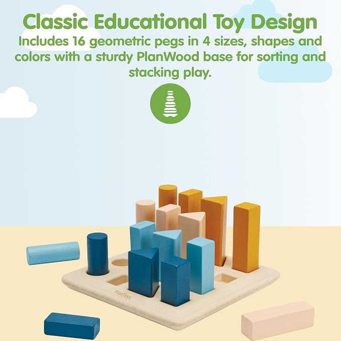 PlanToys® Wooden Geometric Peg Board Montessori Shape Sorting Stacking Toy | wooden geometric peg board, montessori shape sorting stacking, size sequencing logical thinking, color pattern geometry, kids
