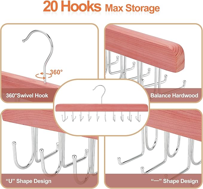 TOPIA HANGER Cedar 2 in 1 Belt Tie Hanger for Closet Max 30 Belts with 30 Ties Capacity, 20 Hooks Belt Tie Racks Hanger for Closet Organizer Storage “U” Fit Belt and “一” Fit Tie - CT53C