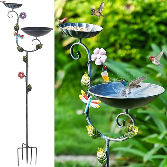 Bird Baths, 58" Tall Bird Bath and Feeder Stake, Standing Bird Baths for Outdoors, Metal Decorative Birdbaths and Feeders Combo for The Garden, 2 in 1 Outside Birdbath with 5-Prong Stake