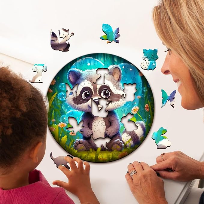 Wooden Puzzles for Kids Ages 4-8, Cute Raccoon Puzzle, Unique Animal Shaped Wooden Jigsaw Puzzles for Kid, 50 Pieces Puzzles for Kids(50pcs,11.4 * 11.4in)