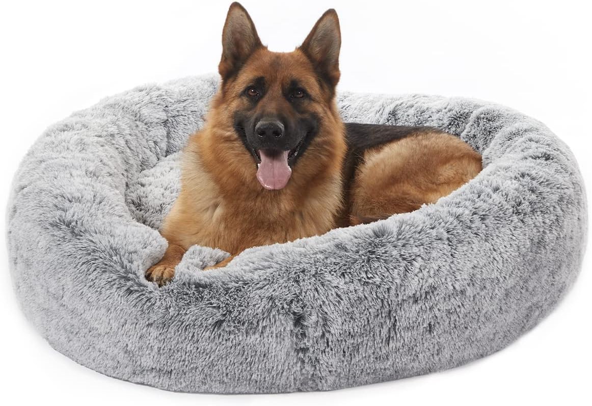 Bedfolks Calming Donut Dog Bed for Extra Large Dogs, 45 Inch Round Plush Bed with Non-Slip Bottom (Dark Grey, Extra Large)