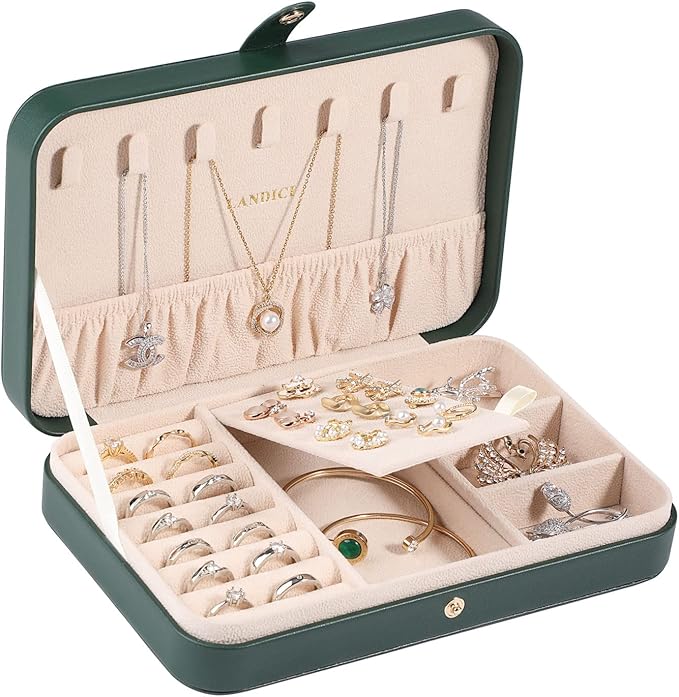 LANDICI Small Jewelry Box for Women Girls, PU Leather Travel Jewelry Organizer Case, Jewellery Storage Holder Display for Ring Earrings Necklace Bracelet Bangle Watch Men Kids Gift, Blackish Green