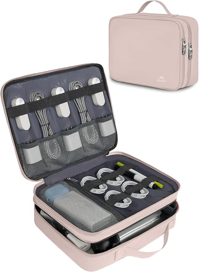 MATEIN Electronic Organizer Travel Case for Women, Double Layers Electronic Accessories Case with Handle, Portable Cord Organizer Travel for Cord, Charger, Phone, Earphone, Tablet, Pink Gift