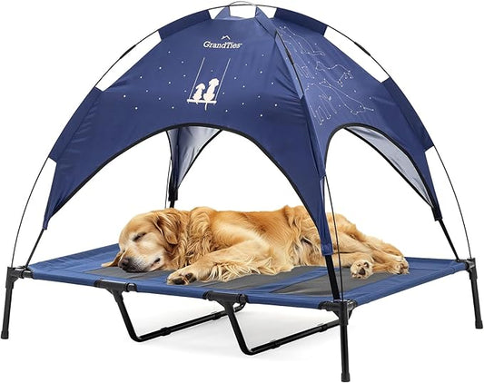 GrandTies Cooling Elevated Dog Bed with Canopy – XL Portable Pet Cot for Outdoor & Indoor Use – Waterproof Removable Shade, Breathable Mesh, Slip-Resistant Feet, Easy Assembly – Blue Berry