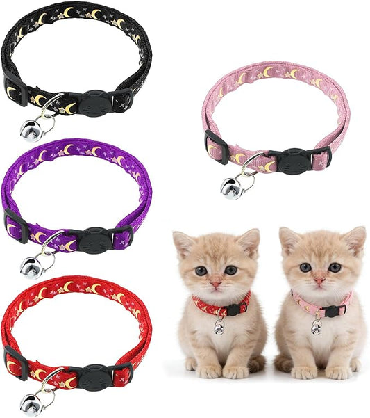 Jeffdad 4Pcs Cat Collar with Bells, Breakaway Cat Collars Kitten Collar Moons Stars Cute Kitty Safe Kitten Collars for Kitten Cats-Adjustable 8.3-13.4 Inch
