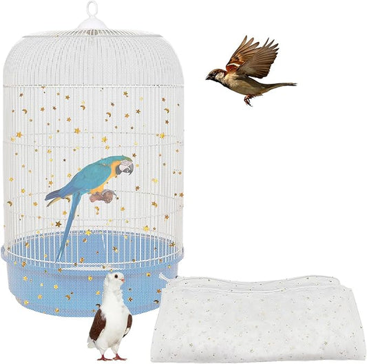 Bird Cage Seed Catcher, 45-90'' Adjustable Bird Cage Cover, Universal Nylon Bird Cage Mesh Net, Bird Cage Skirt Guard Accessories for Parrot Parakeet Macaw Round Square Cage (White)