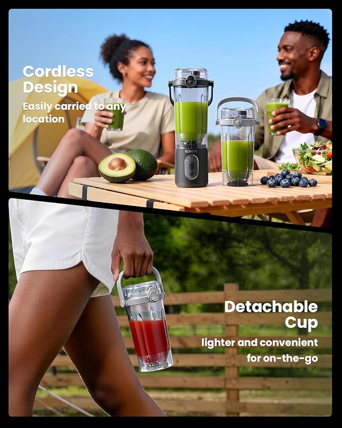 GDOR Cordless Portable Blender for Shakes and Smoothies, Personal Blender with Detachable Base and Twist-and-Go Cup, 3 Auto Programs, 2x23 oz Cups, USB-C Rechargeable, Dishwasher Safe, BPA-Free
