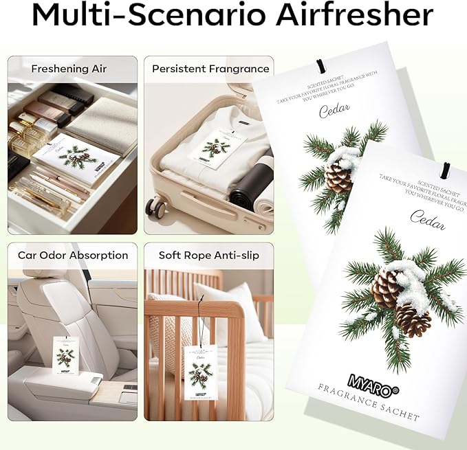 MYARO 12 Packs Cedar Scented Sachets for Drawer and Closet, Fresh Scents Drawer Deodorizers Long Lasting Air Freshener for Home Car House Fragrance