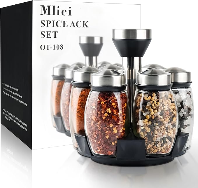 Mlici 6PC Spinning Glass Spice Jars - 360° Rotating Spice Rack Organizer with Jars, Stainless Steel Revolving Seasoning Holder Jars for Countertop Cabinet Kitchen Spices Cruets