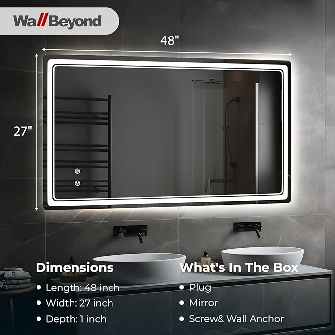 WallBeyond LED Bathroom Mirror with Lights, 28'' x 55'' Inch Led Bathroom Vanity Mirror for Wall with Front and Backlit, Anti Fog Mirror for Bathroom, 3 Colors and Dimmable Light, Horizontal/Vertical