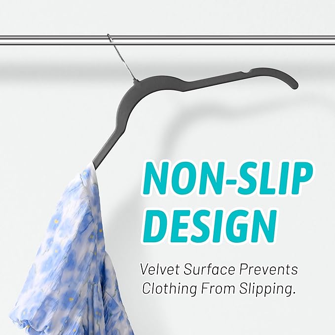 Premium Velvet Hangers 50 Pack - Space-Saving Closet Organizer for Clothes, Non-Slip Flocked Design, Ideal for Shirts and Coats (Black)