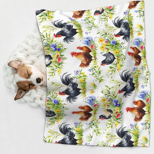 Reversible Dog Blanket for Beds Couches, Rooster Chicken Watercolor Flowers, Double Sided Cat Blanket with Textured Dot Feel and Smooth Feel for Seasonal Comfort All Year