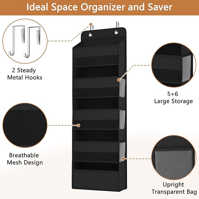 1 Pack 5-Tier Over the Door Organizer, Heavy-Duty Large Deep Pocket Hanging With 5 Large Front & 6 Side Pockets With for Pantry, Kitchen, Bathroom, Dorm, Black