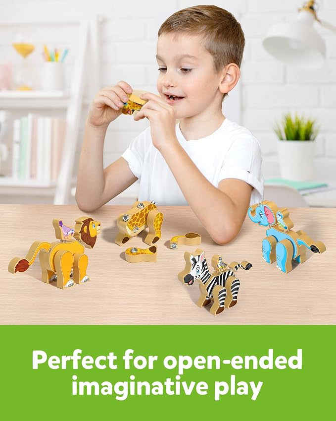 Coogam Wooden Snap Together Building Toy, Take Apart Construction Builders, Assembly Animal Building Blocks, STEM Fine Motor Learning Toy Gift for 3 4 5 Years Old Kids