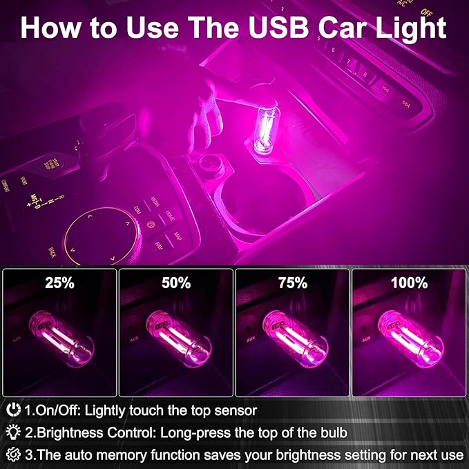 2 PCS Car USB Night Light Bulb, Touch Dimmable Car Interior Ambient Lights, Portable Mini USB Retro Glass Bottle Lamp Decorations for Vehicle, Bedroom, Hallway, Camping (Pink)