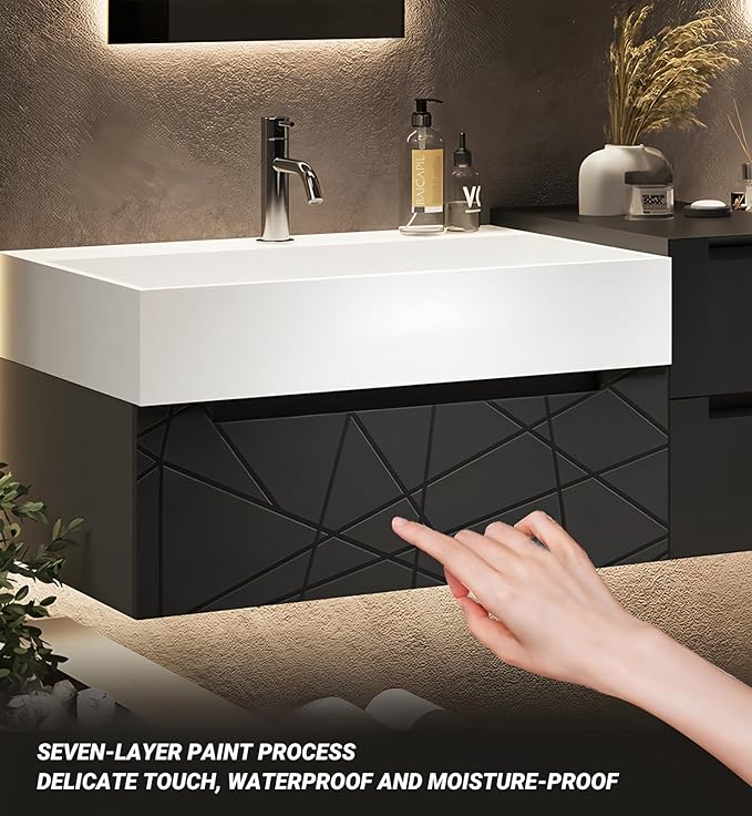 Double Bathroom Vanity with Sink, Floating Modern Bathroom Vanity Set Includes LED Smart Defogging Mirror and Open Storage Wall Cabinet, Solid Wood Bathroom Cabinet with Large Drawer (Apricot, 64")