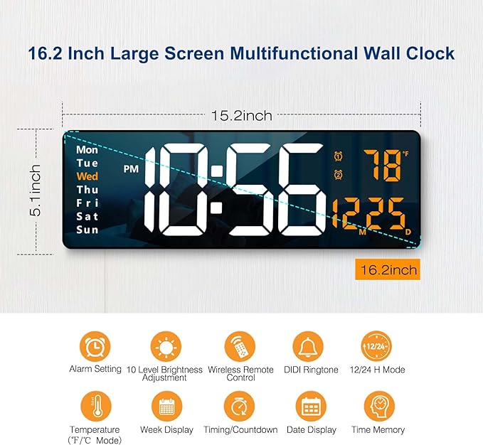 Digital Wall Clock Large Display, 16.2 Inch, LED Digital Clock