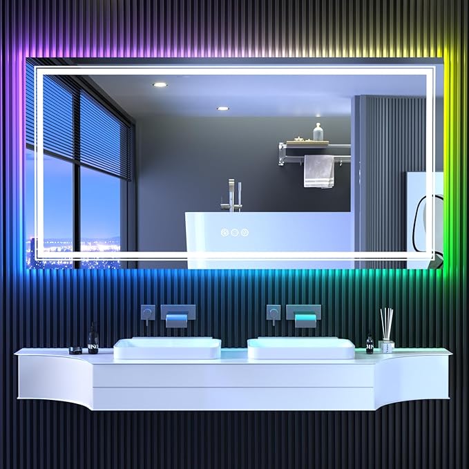LED Mirror for Bathroom, 60"X30" with 8 RGB Backlit +3 Front Lit (Adjustable Individually), Anti-Fog, Large Lighted Bathroom Vanity Mirror for Wall,Shatterproof,Memory Function,Tempered Glass