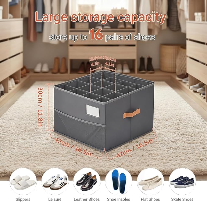 Shoe Organizer for Closet, Foldable Shoe Storage Organizer Containers with Clear Cover, Space Saving Shoes Holder with Handles, Gray (2, Large)