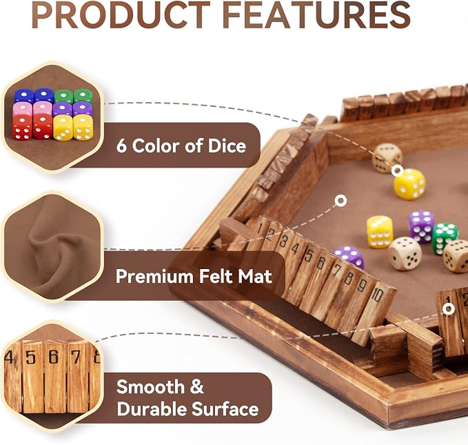 WOOD CITY Shut The Box Game Wooden for 6 Players, Close The Box Math Game for Kids Adults with 16 Dice, 6 Way Tabletop Quick Board Game for Family Friends 3+ Years Old in Classroom, Party or Pub
