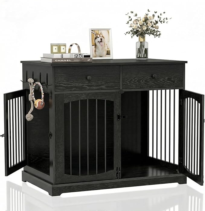 BREEZEHEAT 40 inch Dog Crate Furniture-Farmhouse Dog Kennel with Drawers-End Table Wooden Pet Crate, Double Door Design, Decorative Dog House Indoor for Small Medium Large Dog,Brwon
