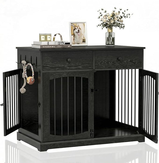 BREEZEHEAT 40 inch Dog Crate Furniture-Farmhouse Dog Kennel with Drawers-End Table Wooden Pet Crate, Double Door Design, Decorative Dog House Indoor for Small Medium Large Dog,Brwon