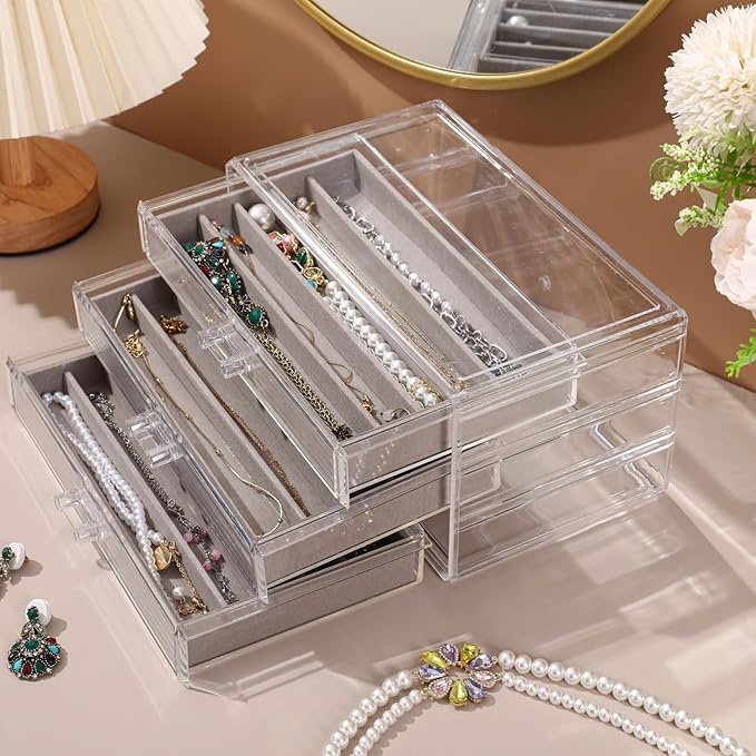 CLUQMEIK Necklace Organizer Box, Tray with Clear Lid, Dustproof Velvet Necklaces Holder Storage Display Case, Necklace Tray Drawer Insert for Pendant Suitable for Women and Girls (Grey)