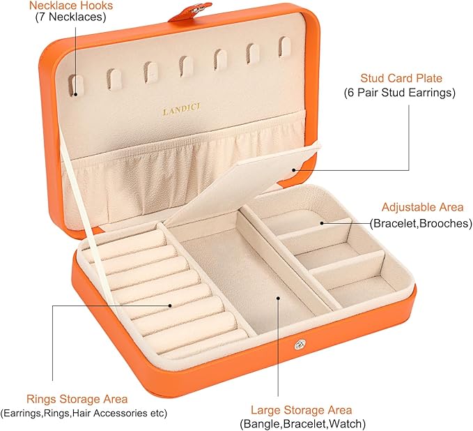 LANDICI Small Jewelry Box for Women Girls, PU Leather Travel Jewelry Case, Portable Jewelry Organizer Storage Holder Display for Ring Earrings Necklace Bracelet Bangle Men Kids Gift, Orange
