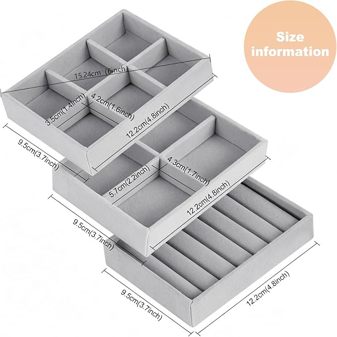 8-Piece 6" Velvet jewelry drawer organizer inserts Removable Dividers, Stackable Drawer Organizer for Rings Earrings Makeup, Vanity Dresser Storage