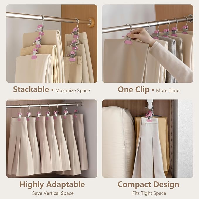 40 Pack Leggings Hangers for Closet Wide Clips, Metal Pants Hangers with Clips, Non-Slip Skirt Boot Skirt Jeans Hanger, Stackable Closet Organizer Space Saving Pink