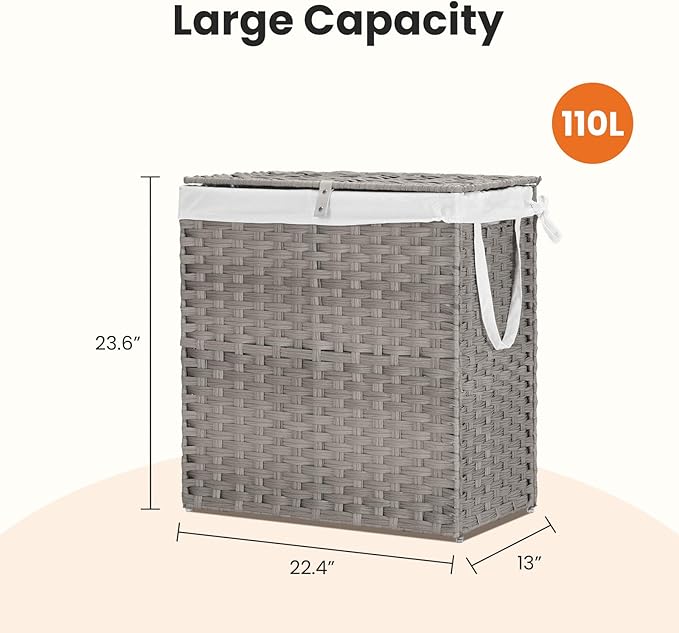 110L Laundry Hamper with Lid, Hand-Woven Pp Rattan Laundry Basket with Compartments & Handles, Removable Liner Bags,Foldable, Narrow Dirty Clothes Basket, Grey