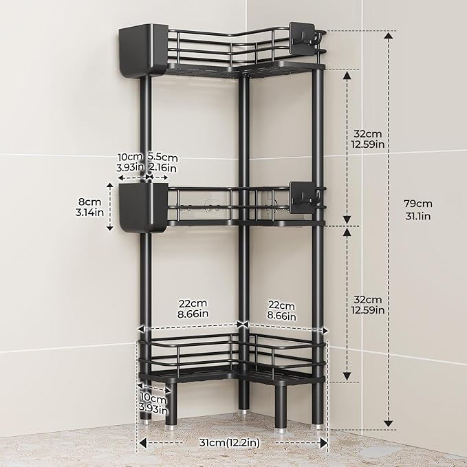 Orimade Rustproof 3 Tier Floor Standing Corner Shower Caddy Organizer with Toothbrush Holder, Large Spacing Floor Shower Shelf Rack Storage Stands with Hooks for Bathroom Kitchen, Black