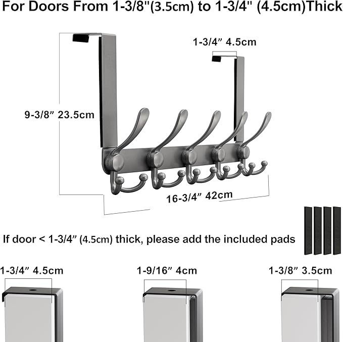 Dseap Over Door Hook 2.0 - Upgraded Version - Simple-Assembly, Strong, Heavy-Duty Stainless Steel 5-Tri-Hook Over The Door Hanger Rack, SimpleStrong Series, Grey, Pack of 2