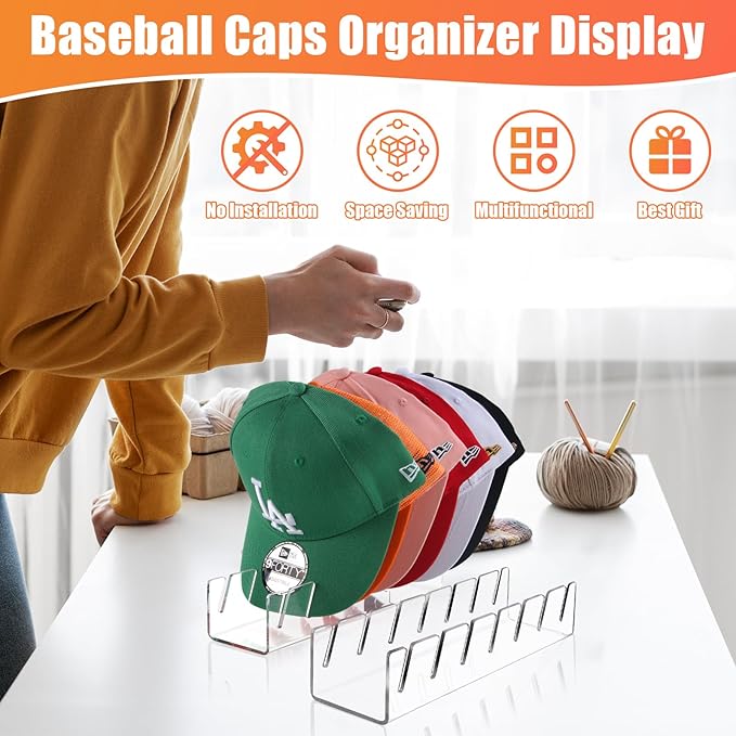 Hat Stand for Baseball Caps, 2 Pack No Install Acrylic Hat Organizer for 14 Baseball Caps Storage Organizer, Hat Racks Hat Holder Display and Organization for Closet, Bedroom, Dresser (Clear-2Pack)