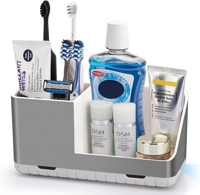 PARKMANI Toothbrush Holders for Bathroom Countertop Organizer, Brushed Nickel Tooth Brush Holder, Kids Electric Toothbrush and Toothpaste Holder with Drainage (Brushed Silver)