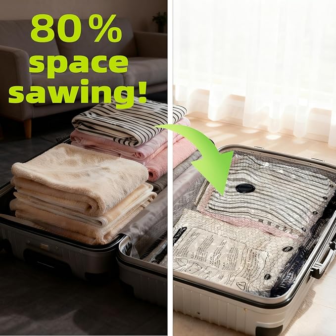 Lazyfeel 6-Pack Vacuum Travel Storage Bags, Space-Saving Must-Have, Fits Various Suitcase Sizes, Equipped with Portable Air Pump for Travel Holidays Flights and Cruises