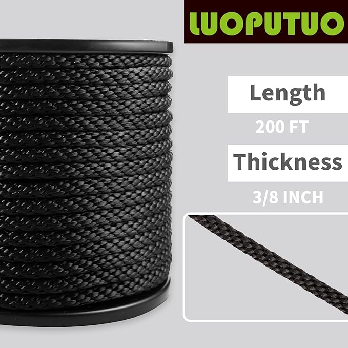 3/8 Inch 200FT Black Polyester Solid Braid Rope | High UV & Abrasion Resistance | Industrial Grade, Low Stretch | Multipurpose for Flag Poles, Clotheslines
