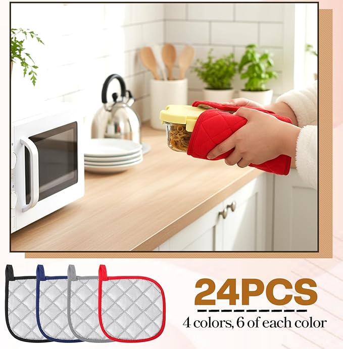 SHENLIU 24 Pcs Cotton Pot Holders for Kitchen, 7 x 7 Inches Heat Resistant Potholders Bulk Hot Pads 4 Colors Washable with Hanging Loops for Cooking Baking Black Gray Blue Red