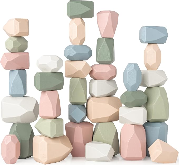 Comfy Cubs Stacking Rocks 36 Pieces, 36 Months+, Educational Toddler Stacking Blocks, Promotes Imagination, Balance & Fine Motor Skills - Wooden Rocks Sensory Toys Gift for Kid, Neutral Pack