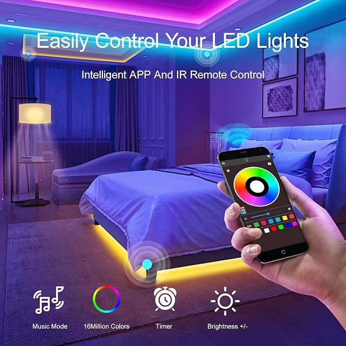 50 FT LED Lights For Bedroom, Music Synchronized RGB Color Changing LED Strip